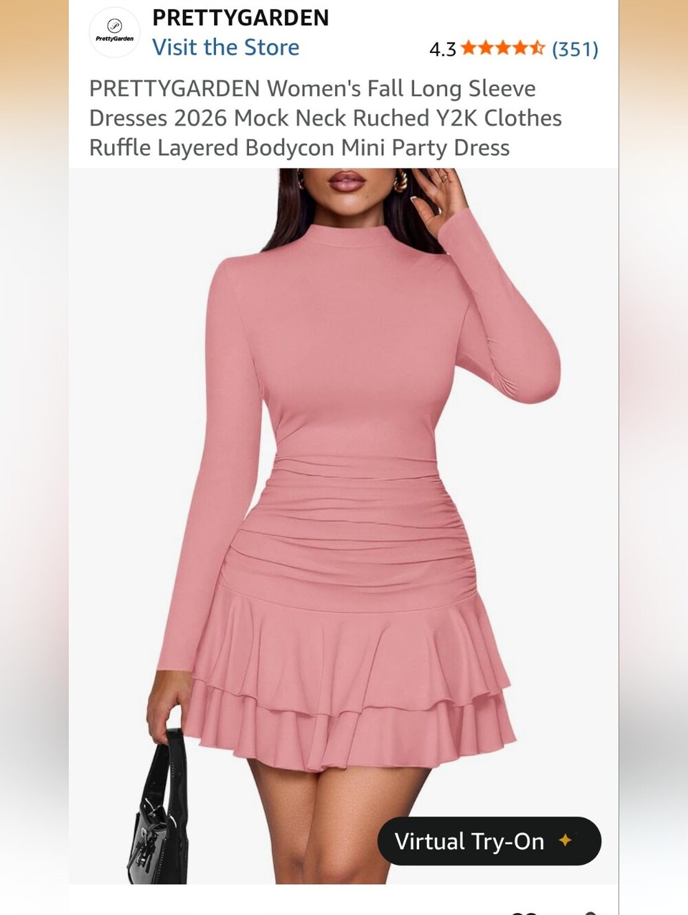 Mock Neck Long Sleeve Ruffle Mini Dress - Pink